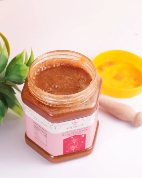 Open jar of Buckwheat Honey – raw, dark honey from Nuts & Nectar Pakistan