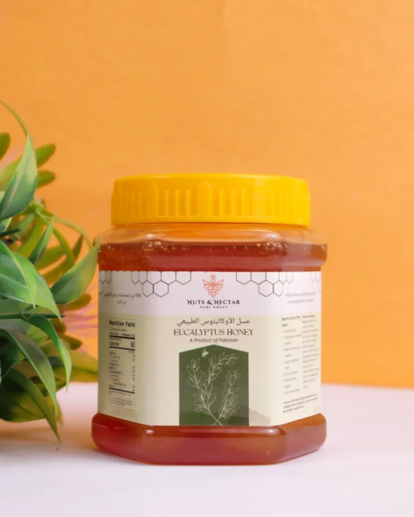 Closed jar of Eucalyptus Honey with wooden honey dipper – Nuts & Nectar Pakistan