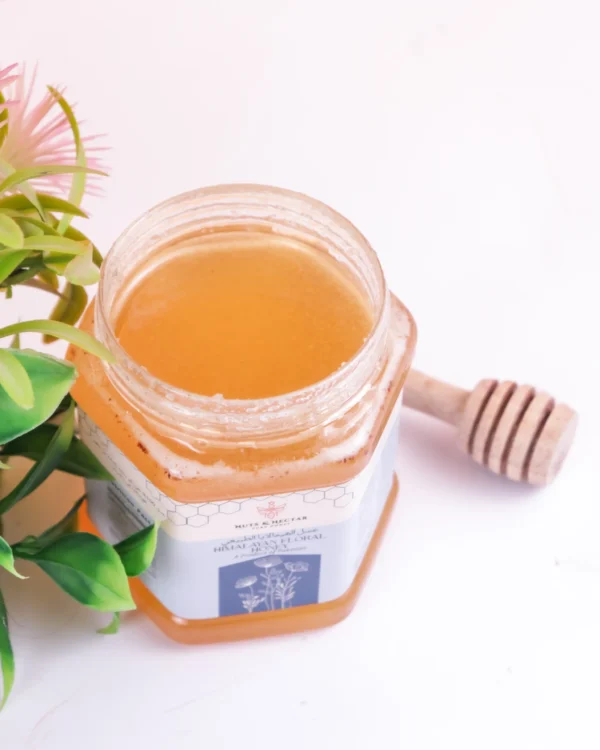 Open Jar of Himalayan Floral Honey Open jar of Himalayan Floral Honey – raw honey from Nuts & Nectar Pakistan